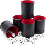 Professional Shaker Cups | Leather with Velvet Felt-Lined Interior | 5 Red Lined Cups and 25 Dice Set