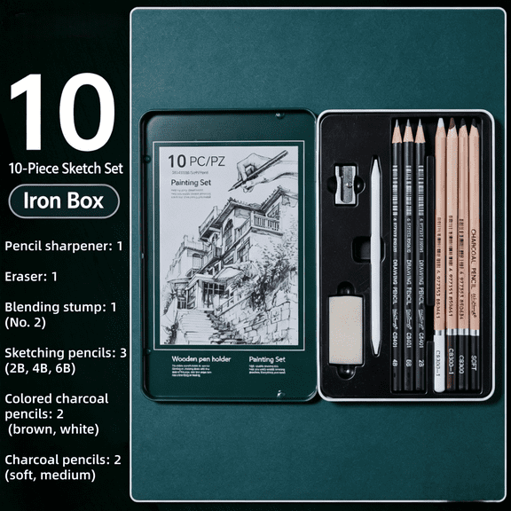 Professional Sketch & Drawing Set – 10/12/20/28 Pcs Art Kit with Metal Case, Graphite & Charcoal Pencils, Blending Stumps, Eraser – Complete Artist Supplies for Beginners & Pros