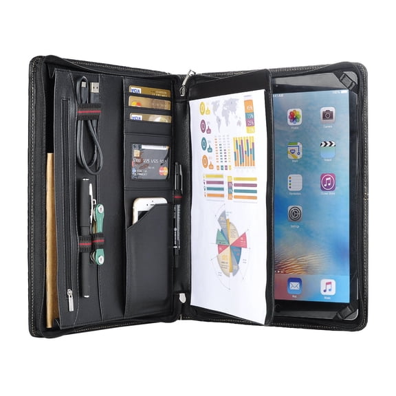 Professional Slim Padfolio Organizer Genuine Leather Compact Portfolio Case with Letter Size (A4) Paper Notepad, Business Carrying Case (10.2"/10.5"/11" iPad Pro/Air 3, Black)