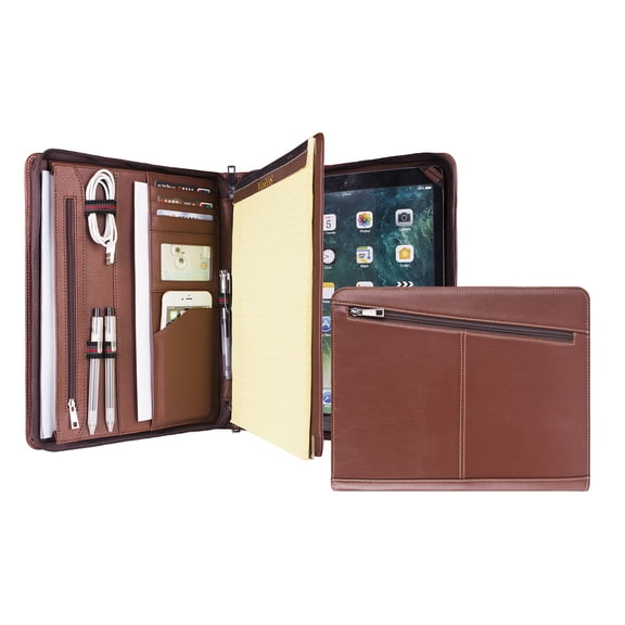 Professional Slim Padfolio Organizer Genuine Leather Compact Portfolio Case with Letter Size (A4) Paper Notepad, Business Carrying Case (10.5"/11" iPad Pro/Air 3, Brown)