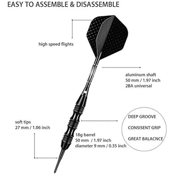 Professional Soft Tip Darts Set 20 Grams - 50 Rubber O-Rings + 30 Darts Plastic Tip + Aluminum Shafts + 6 Standard Flights + Portable Case for Electronic Dart Board