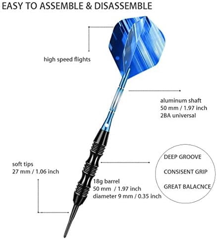 Professional Soft Tip Darts Set 20 Grams - 50 Rubber O-Rings + 30 Darts Plastic Tip + Aluminum Shafts + 6 Standard Flights + Portable Case for Electronic Dart Board