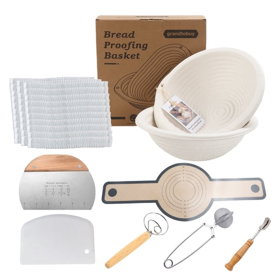 Professional Sourdough Starter Kit - 2x 10 Inch Round Pulp Proofing Basket Sourdough Banneton, 30 Non-Woven Disposable Liners, Silicone Baking Mat, Bread Lame, Dough Whisk, Flour Sifter