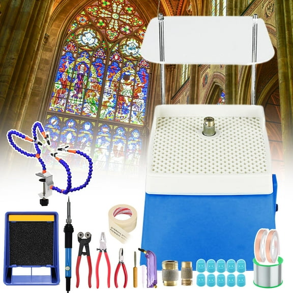 Professional Stained Glass Kit,Stained Glass Starter Kit,Beginner DIY Crafting Starter Kit with Glass Grinder/Cutter Tool Kit/Soldering Iron Kit/Soldering Exhaust Fan/Tape/Solder Clamp