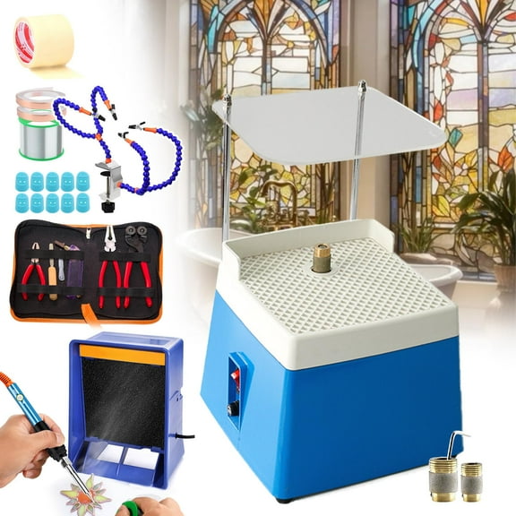 Professional Stained Glass Starter Kit,15pcs Beginner DIY Crafting Starter Kit with Glass Grinder&Cutter Tool Kit&Soldering Iron Kit&Soldering Exhaust Fan&Solder Clamp&Consumables