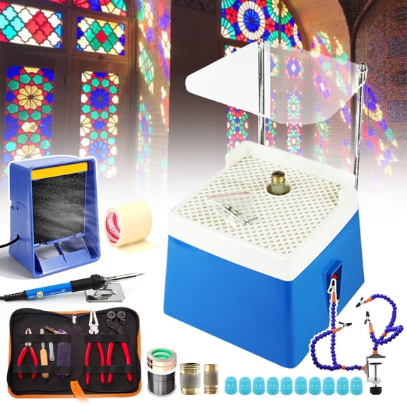 Professional Stained Glass Starter Kit,Beginner DIY Soldered Stained glass kit- Glass Grinder Glass Cutter Tool Kit Soldering Iron Kit solder exhaust fan Solder Clamp Consumables