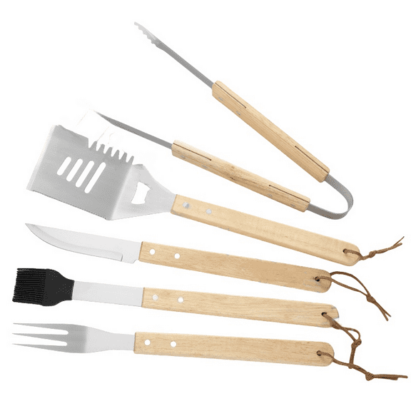 Professional Stainless Steel BBQ Tool Set With Wooden Handles, 4 Pieces