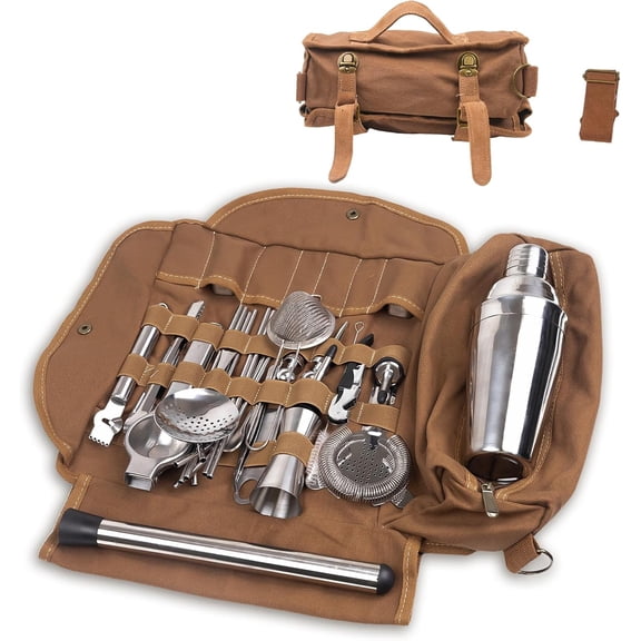 Professional Stainless Steel Bartender Kit with Cocktail Shaker Set, Canvas Tool Bag for Home Bar and Camping