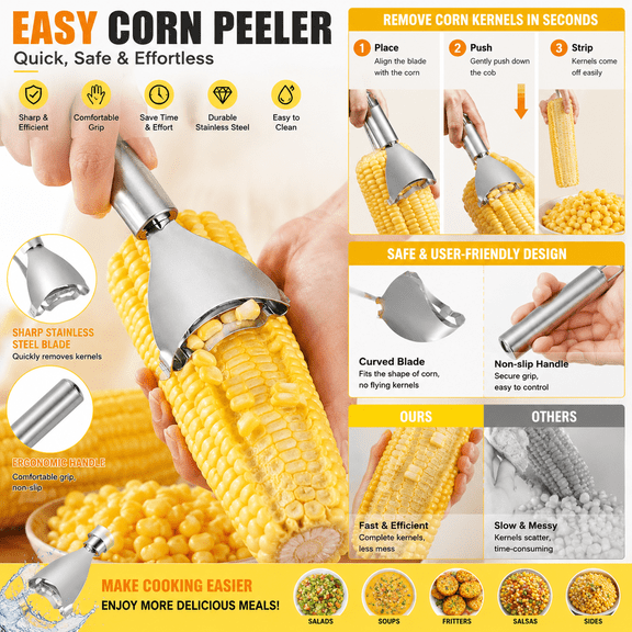 Professional Stainless Steel Corn Peeler Tool, Corn Cob Stripper Tool with Non-Slip Handle for Fast Corn Kernel Removal