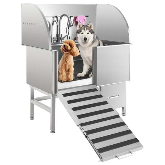 Professional Stainless Steel Dog Bathing Tub - Dog Grooming Tub w/Ramp, Moveable Storage Drawer, Floor Grate & Faucet/Dog Bathtub for Large, Medium & Small Pets