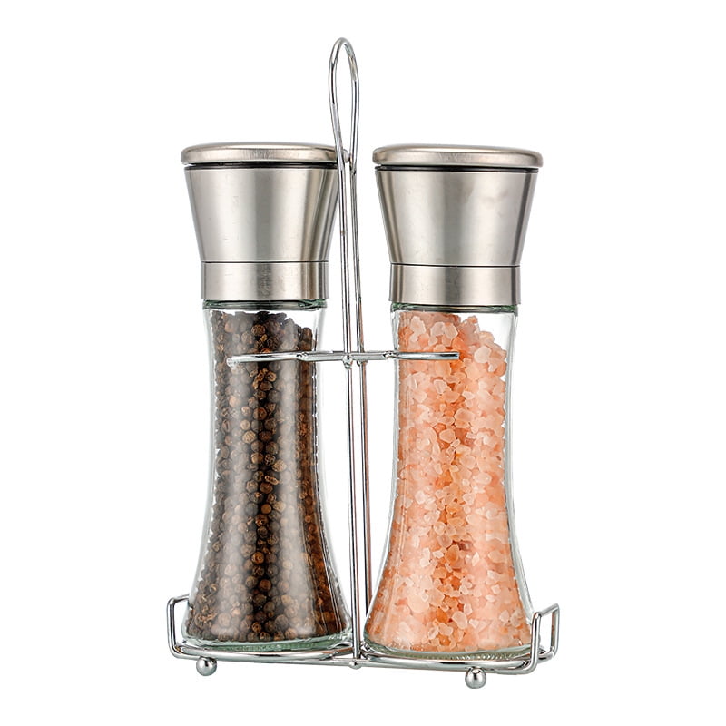Professional Stainless Steel Salt and Pepper Grinder Set with Stand Manual Spice Adjustable Coarseness with Five Grinding Level Pepper Mill Grinders Shakers Gift Set (Pack of 2)