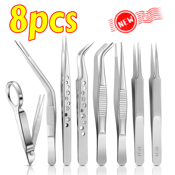 Professional Stainless Steel Tweezer & Forceps Kit, 8-Pack with Magnifier for Medical Aid, Laboratory, Crafting and Jewelry Making