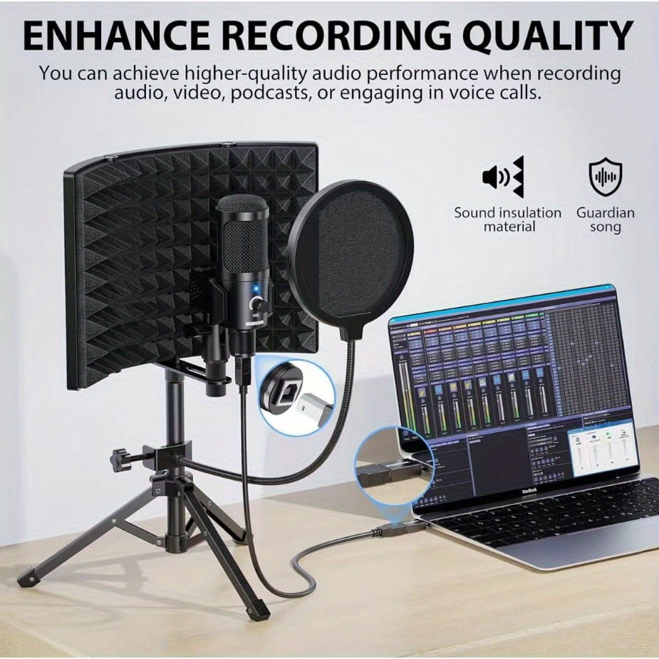 Professional Studio Microphone Windscreen with Metal Stand & Pop Filter - Noise Reduction Foam Cover for Podcasting, Recording, Singing, Voiceover - Durable Metal Bracket & ABS Soundproofing Net