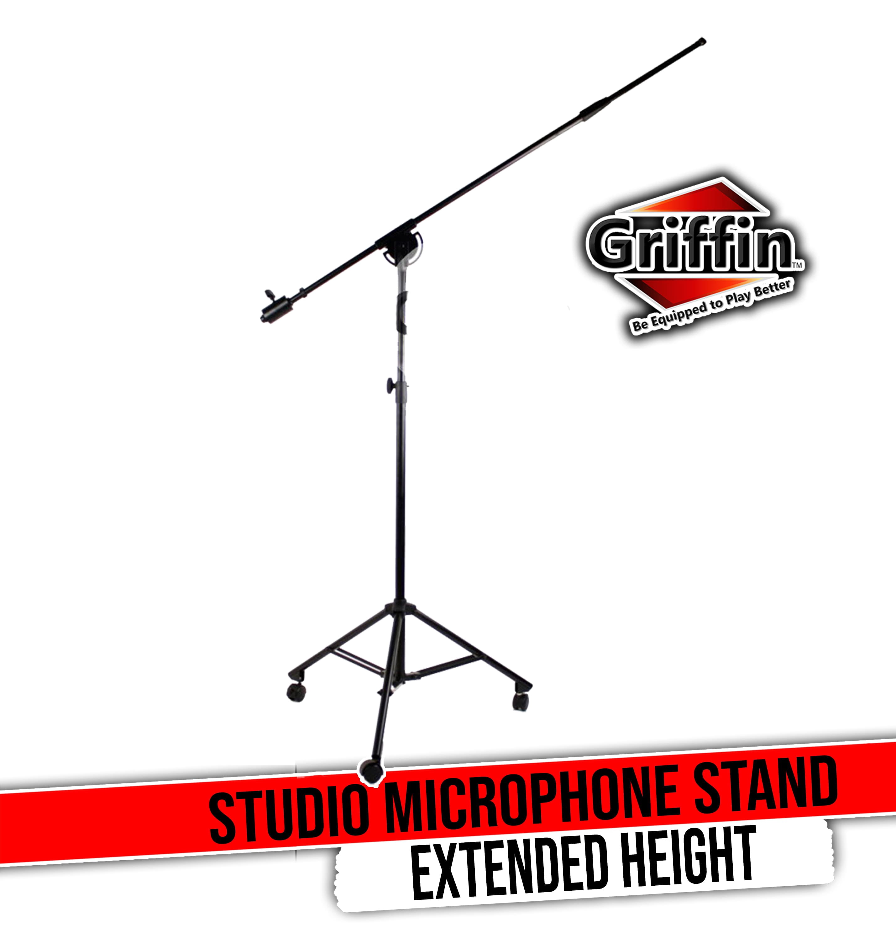 Professional Studio Rolling Microphone Boom Stand with Casters by Griffin - Heavy Duty Recording Mic Holder Tripod on Wheels Telescoping Arm Mount & Retractable Legs for Vocals, Choir, Overhead Drums