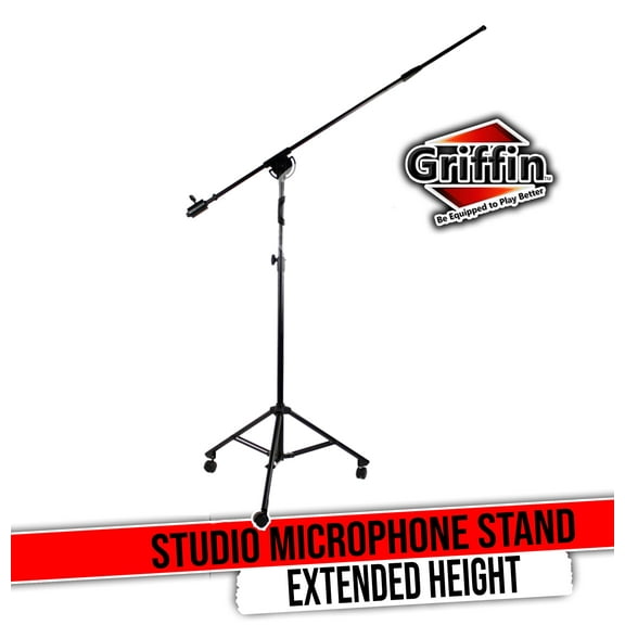 Professional Studio Rolling Microphone Boom Stand with Casters by Griffin - Heavy Duty Recording Mic Holder Tripod on Wheels Telescoping Arm Mount & Retractable Legs for Vocals, Choir, Overhead Drums