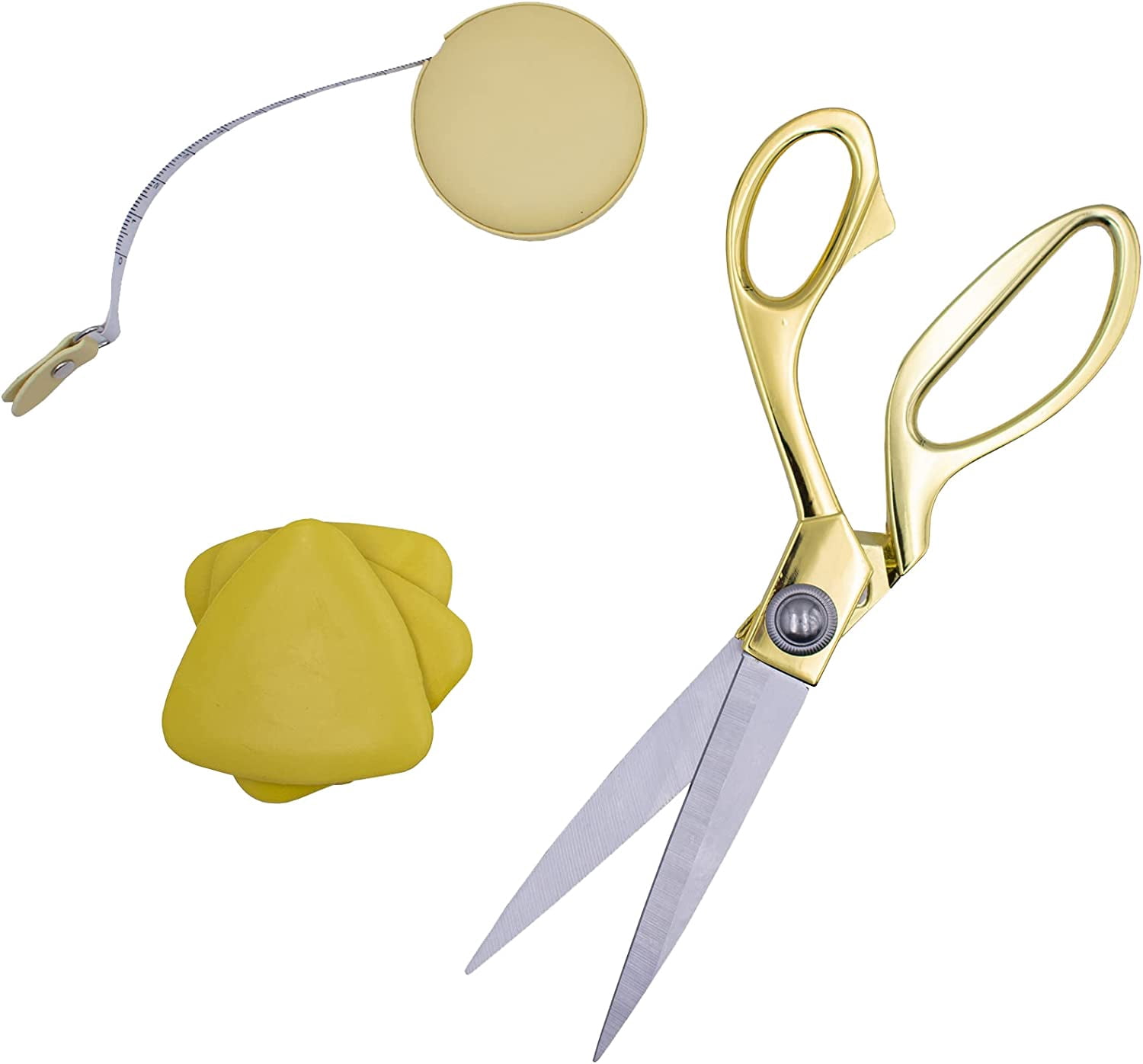 Professional Tailor 9.5” Sharp Scissors for Cutting Heavy Fabrics + Measuring Tape & Tailor’s Chalk (Gold)