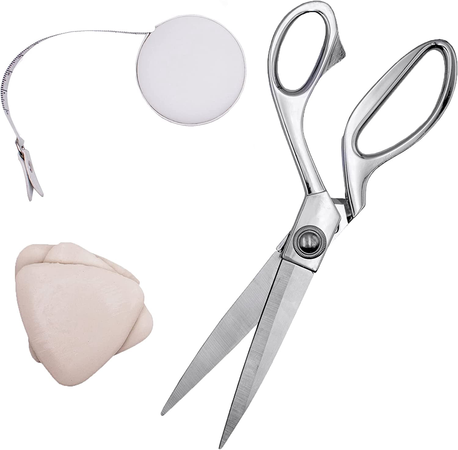Professional Tailor 9.5” Sharp Scissors for Cutting Heavy Fabrics + Measuring Tape & Tailor’s Chalk (Silver)
