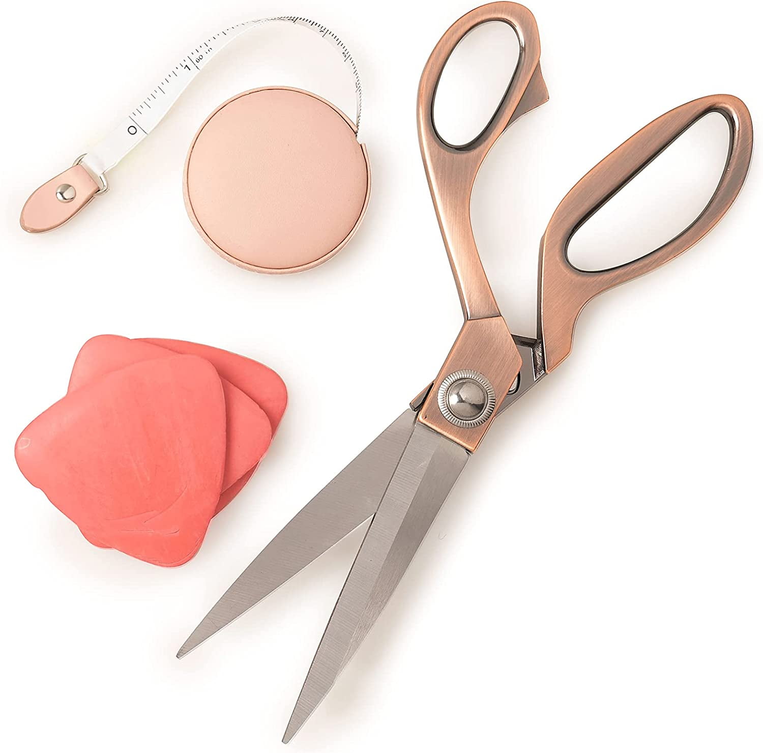 Professional Tailor & Dressmaker 9.5” Sharp Scissors for Cutting Heavy Fabrics & Leather + Measuring Tape & Tailor’s Chalk (Rose Gold)
