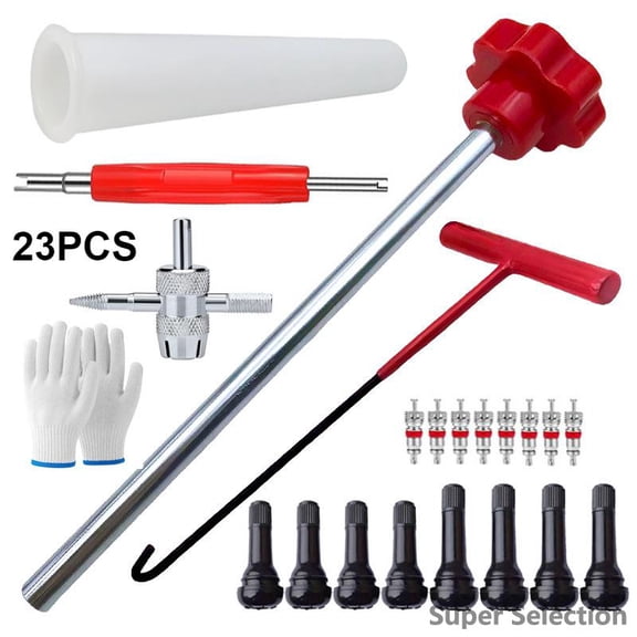 Professional Tire Valve Stem Tool Kit, 23-Piece Metal Valve Stem Installer And Remover Set With T-Hook, Includes Replacement Cores & Caps For Car, Truck, Motorcycle, Bike Tire Repair,23PCS Red