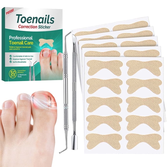 Professional Toenail Correction Sticker Kit, 50 Pcs Breathable Ingrown Toenail Corrector Strips with 2 Pedicure Manicure Tools for Foot Care
