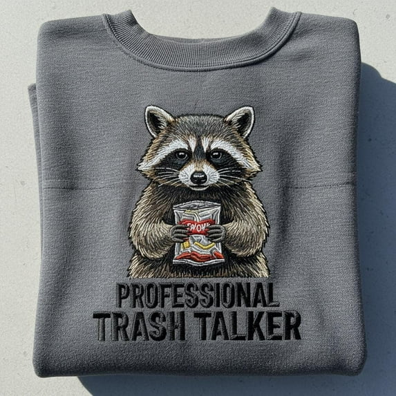 Professional Trash Talker Embroidered Raccoon Sweatshirt, Funny Raccoon Lover Gift, Garbage Eating Animal Crewneck