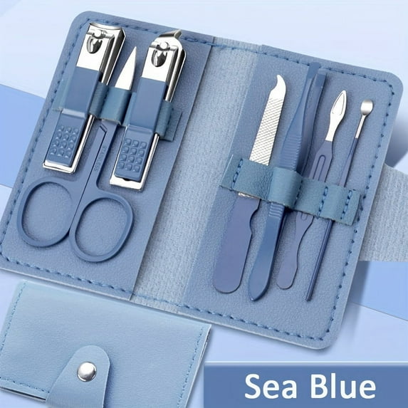 Professional Travel Colorful Nail Clippers Manicure Set 7 Pieces with Leather Bag Stainless Steel Nail Care Tools Grooming Kit G (SET080-Sea Blue)