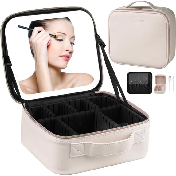 Professional Travel Makeup Case with Lighted Mirror, Customizable Compartments | Waterproof Cosmetic Organizer Bag for Brushes (White)