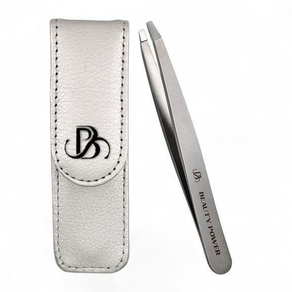 Professional Tweezers in Case - Slant, Durable Lightweight German Stainless Steel, Ultra Precision Tweezers for Eyebrows, Facial Hair, Chin, and Ingrown Hair Removal - Gift Idea - Gray