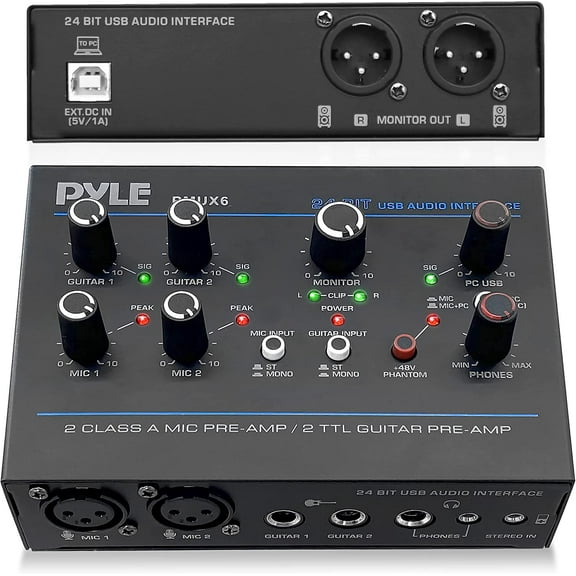 Professional USB Audio Interface with MIC/LINE, Guitar, AUX Stereo and RCA Inputs, Phone/Stereo/Monitor Outputs