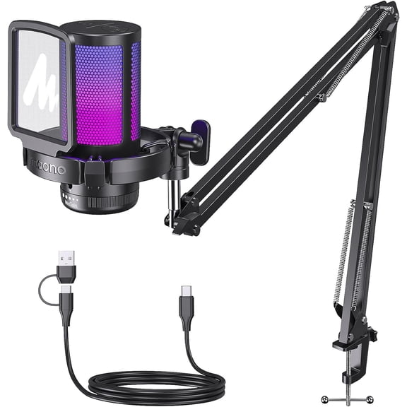 Professional USB Condenser Microphone Kit with RGB Lighting & Adjustable Boom Arm Plug-and-Play Streaming Mic for Gaming, Podcasting, Voiceover & Live Broadcasting Includes Shock Mount,Black