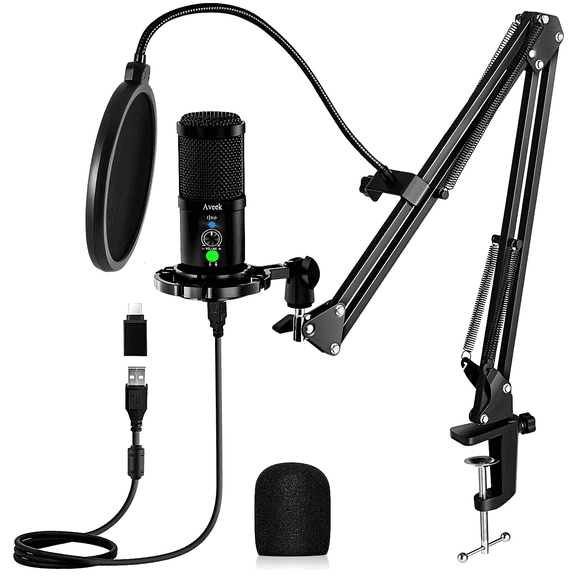 Professional USB Condenser Microphone Kit with Boom Arm, Pop Filter, Noise Reduction, 192kHz/24bit for Streaming, Podcast, Gaming, PC/Mac