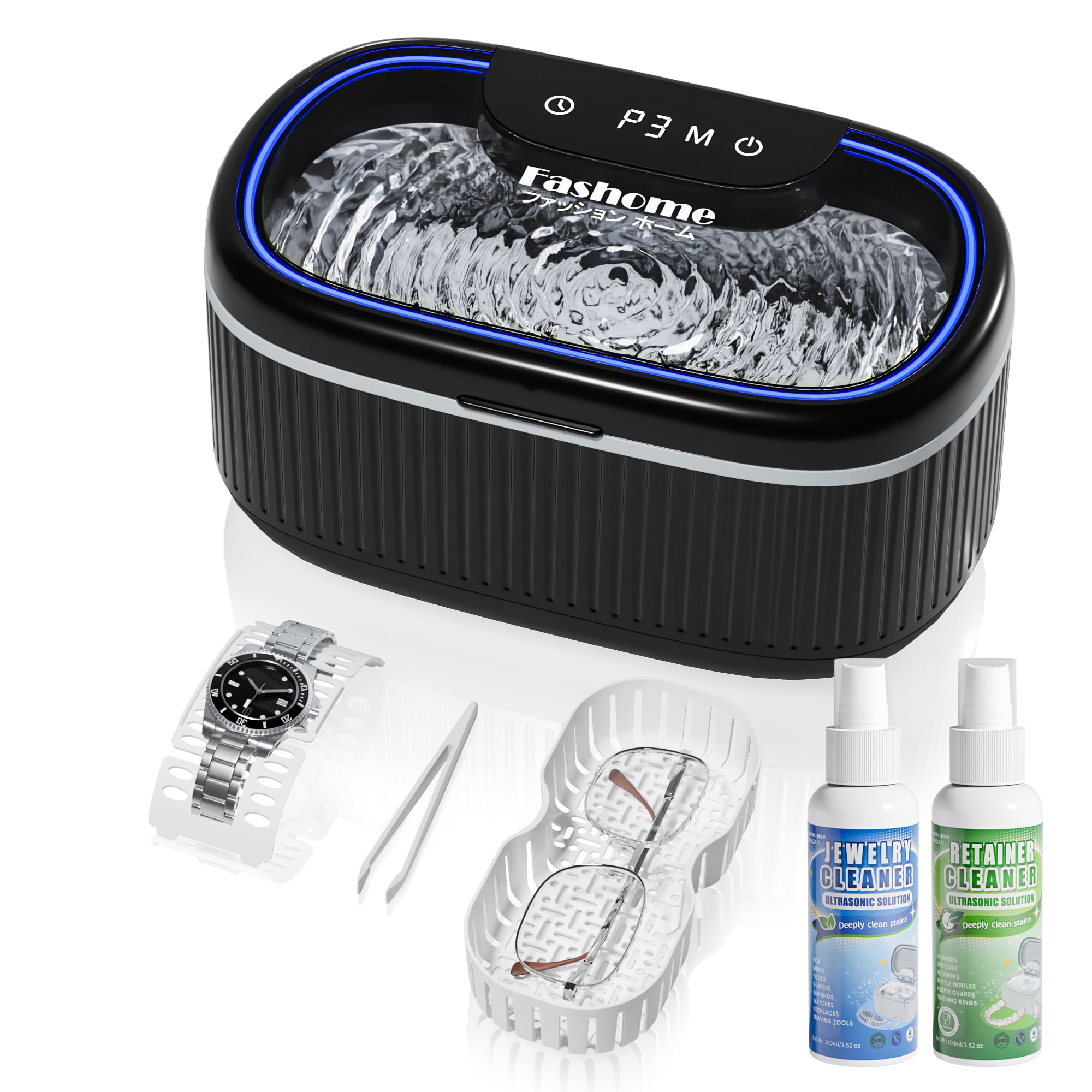 Professional Ultrasonic Jewelry Cleaner with Solution, 20oz 550ML Sonic Cleaner for Silver, Gold, Diamond Rings, Necklaces, Retainers, Eyeglasses, Dentures, 304 Stainless Steel Tank with Lights