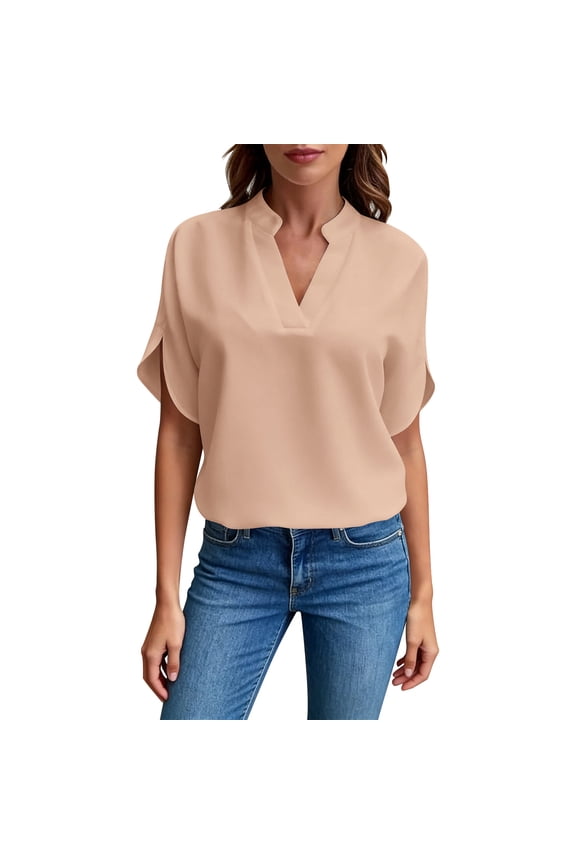 Professional V Neck Blouse for Women Tulip Sleeve Notch Collar Lightweight Breathable Loose Fit Business Casual Office Workwear Pullover Top
