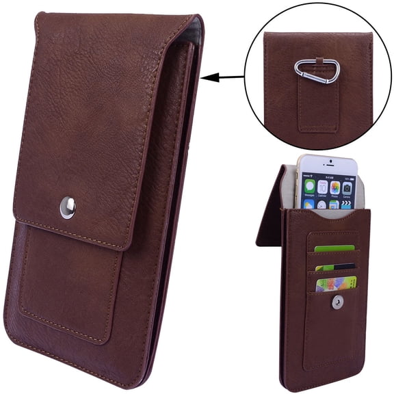 Professional Vegan Leather Vertical Smartphone Holster Wallet (Brown) with Belt Loop, Removable Carabiner, Card Slots - fits Smartphones up to 6.5-inch iPhone XR/XS Max/XS/X/8+ Galaxy S10+/S9 Note 9/8