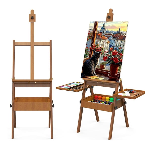 Professional Vintage Wooden H Frame Studio Easel Stand Adjustable Floor Artist Painting Holder Surface Storage Box With Two Palettes Holds Canvas Up To 36 Inches Brown