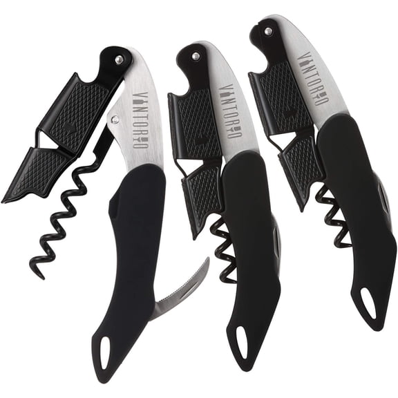 Professional Waiters Corkscrew - Wine Key with Ergonomic Rubber Grip, Beer Bottle Opener and Foil Cutter (3 Pack)