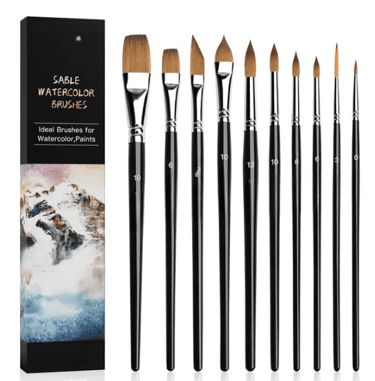 Professional Watercolor Brushes Set 10Pcs Artist Golden Maple Sable Paint Brushes with Round Flat Dagger Oval Wash for Detail Watercolor Gouache Painting