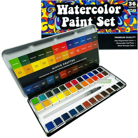Hippie Crafter Watercolor Paint Set Adult 36 Water Colors for Adult Paints Kit Color Pallet  with Brush Pen