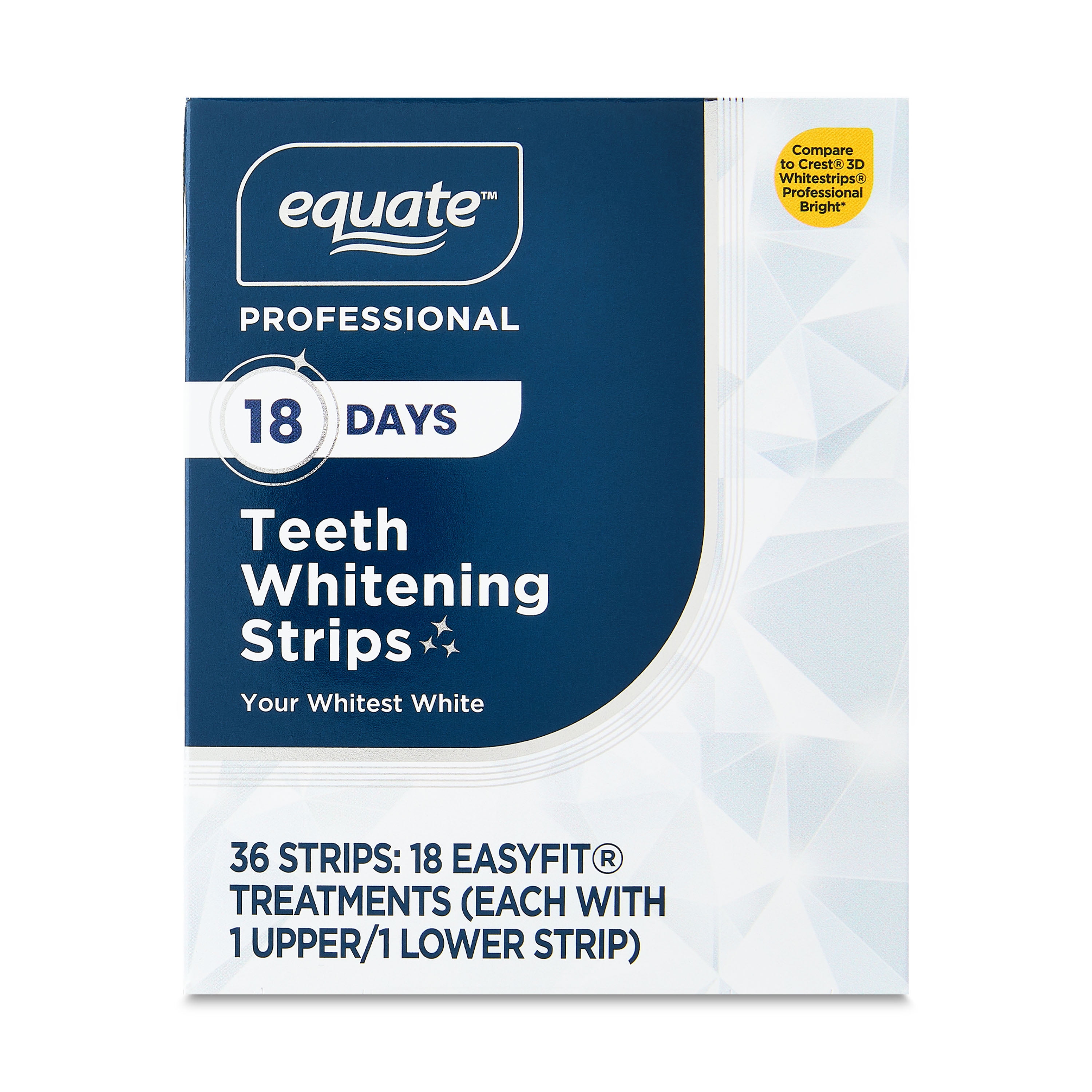 Equate Professional White 18 Day Whitening Strips, No Mess Dry Touch Strips, Enamel Safe, 18 EasyFit Treatments