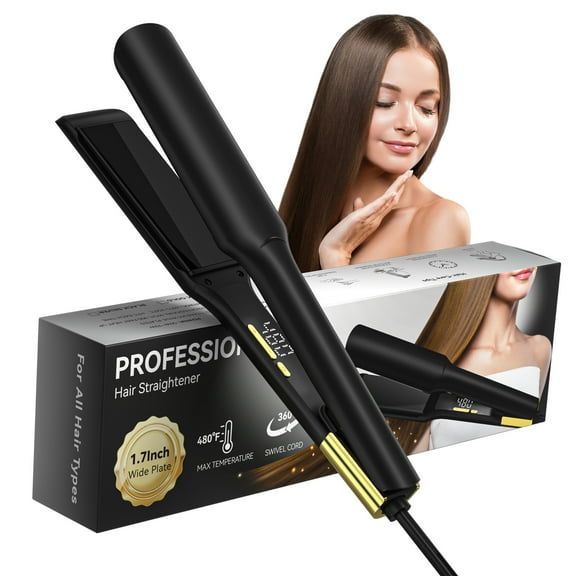 Professional Wide Plate Hair Straightener, 1.7 Inch Titanium Flat Iron with Ionic Technology, Adjustable High Heat (170-480F) for Fast, Frizz-Free Styling on Long & Thick Hair