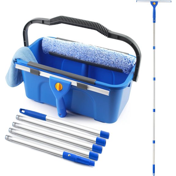Professional Window Cleaning Kit with Bucket 3 Gallon, 76" Long Handle Window Squeegee and Microfiber Scrubber, High Windows Washing Equipment, Window Cleaner Tool for Commercial, Home, Outdoor, Car