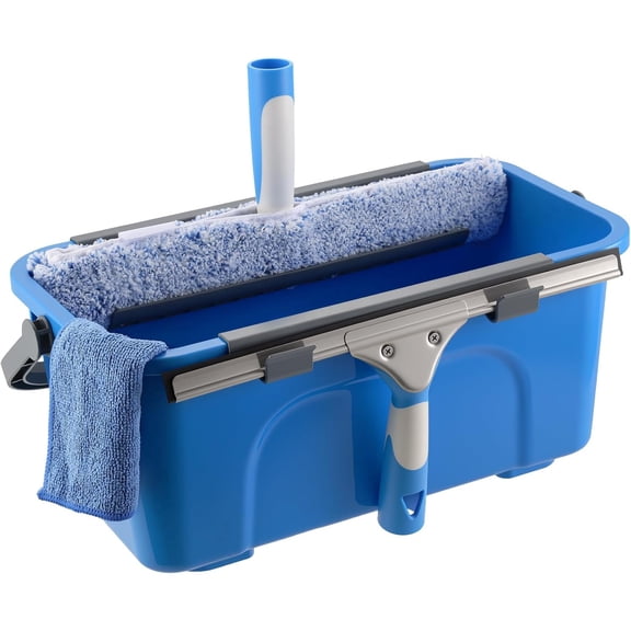 Professional Window Cleaning Kit, Include Compact Cleaning Bucket 3 Gallon, Silicone Squeegee, Microfiber Scrubber, Cloth, All-in-one Window Cleaning Supplies, Commercial & Household Use