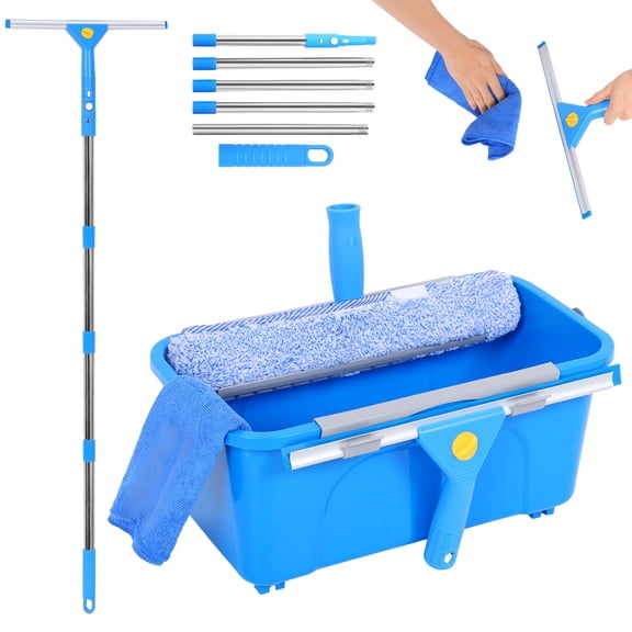 Professional Window Cleaning Kit with Bucket 3 Gallon 76inch Adjustable Long Handle Window Squeegee and Microfiber Scrubber for Commercial Home Car