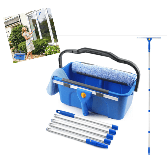 Professional Window Cleaning Kit with Bucket  Complete Squeegee & Microfiber Scrubber Set, High-Reach Extension Pole for Home, Commercial & Car Use