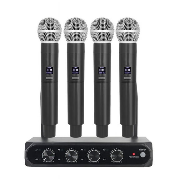 Professional Wireless Microphone System UHF 4 Channel Fixed Frequency Handheld Device for Stage, Home Parties, Churches