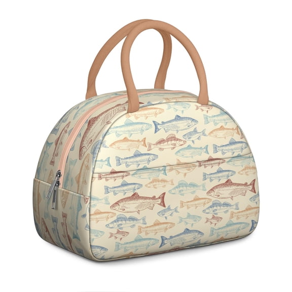 Professional Women's Ocean Lunch Box: Fish Pattern Insulated Reusable Bag, Leakproof High Capacity Tote with Interior/Exterior Pockets for Office, Work, Travel