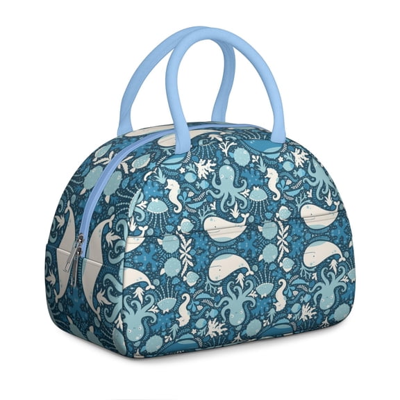 Professional Women's Ocean Lunch Box: Fish Pattern Insulated Reusable Bag, Leakproof High Capacity Tote with Interior/Exterior Pockets for Office, Work, Travel