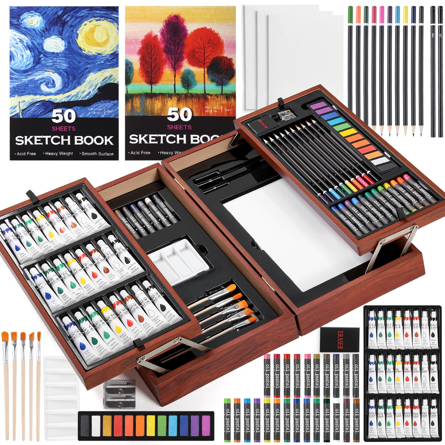 Professional Wooden Art Kit Double Door Design With Oil Pastels, Acrylic Paints & Colored Pencils, Complete Office Art Supplies