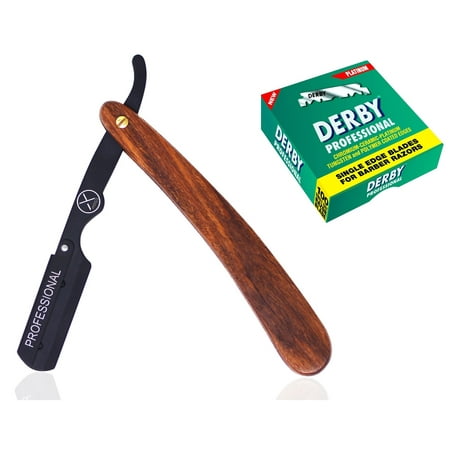 Professional Wooden Handle Straight Edge Razor - For Barbers and Salons By XPERSIS PRO Plus 100 Derby Blades