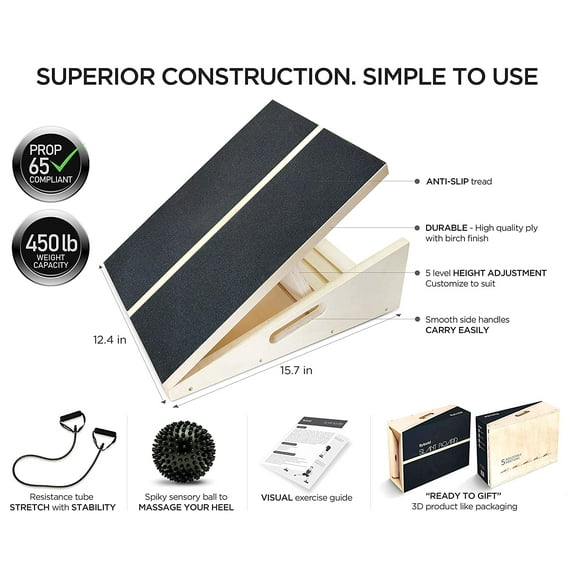 Professional Wooden Slant Board Calf Ankle Stretcher with Spiky Stress Ball Stretch Resistance Tube Adjustable Incline Non-slip tread Side Handles 16" X 12.5" 450 lbs Achilles Plantar Fascii